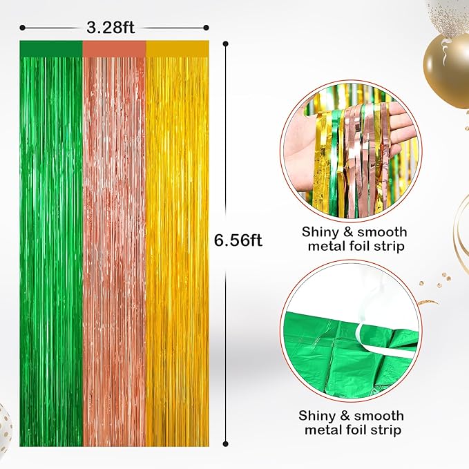 2 Pack Metallic Tinsel Foil Fringe Curtains, Door Streamers Photo Booth Backdrop for Birthday Party, Tinsel Curtain Backdrop for Baby Shower Christmas Party Decorations, Green Rose Gold and Gold