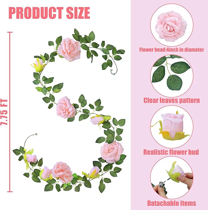 Sggvecsy 2Pcs 15.5Ft Artificial Rose Vine Fake Flower Garland Floral Garland Faux Silk Hanging Vine Rose Ivy Vines for Wedding Arch Party Wall Garden Ceremony Background Outdoor Decor (Pink)