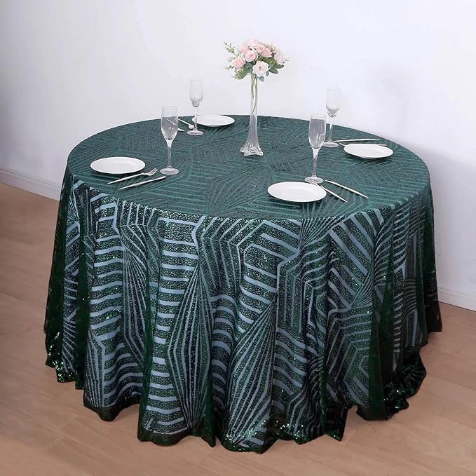 Efavormart 120" Hunter Emerald Green Sparkly Sequin Geometric Tulle Round Tablecloth