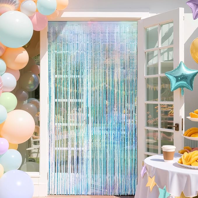 2 Pack Iridescence Party Streamers Backdrop Curtains, 3.3x8.2ft Holographic Tinsel Foil Curtain Photo Booth Props for Birthday, Wedding, Holiday Celebration, Bachelorette, Theme Decorations