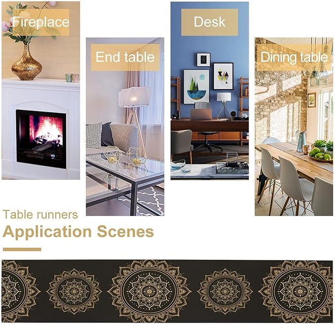 Golden Mandala Table Runner, Traditional Indian Gold Black Flower Vintage Luxury Bohemian Mandala Table Runner for Home Kitchen Dinning Table Indoor Outdoor Holiday, 13x70inch