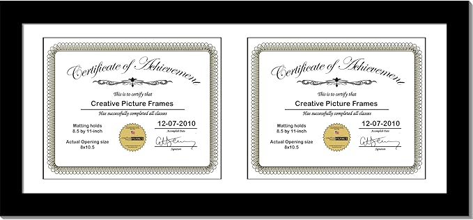 Creative Picture Frames 10X24Bk-W Black Horizontal Double Diploma Frame With 2 Opening White Mat, Holds 2-8.5X11-Inch Documents With Wall Hanger