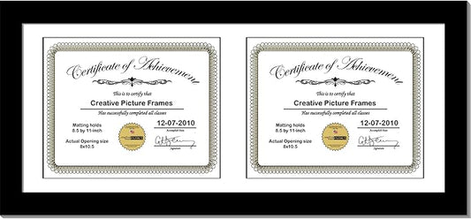 Creative Picture Frames 10X24Bk-W Black Horizontal Double Diploma Frame With 2 Opening White Mat, Holds 2-8.5X11-Inch Documents With Wall Hanger