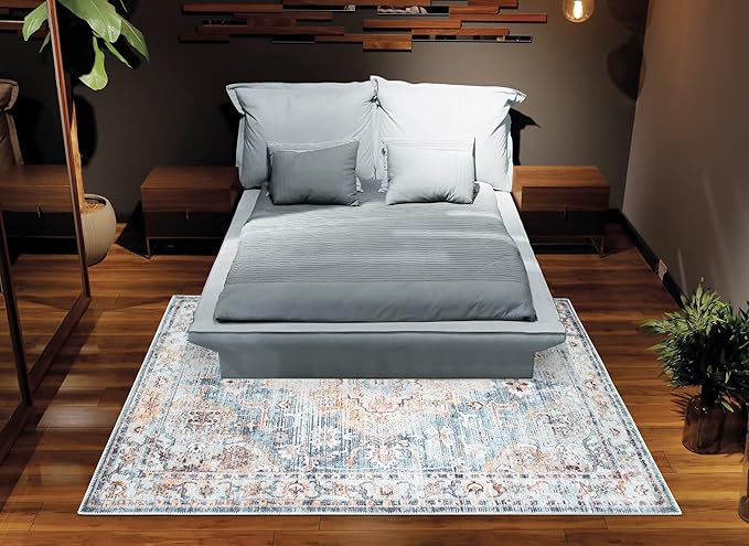 Bloom Rugs Washable Non-Slip 3' x 5' Rug - Teal/Peach Traditional Area Rug for Living Room, Bedroom, Dining Room, and Kitchen - Exact Size: 3' x 5'