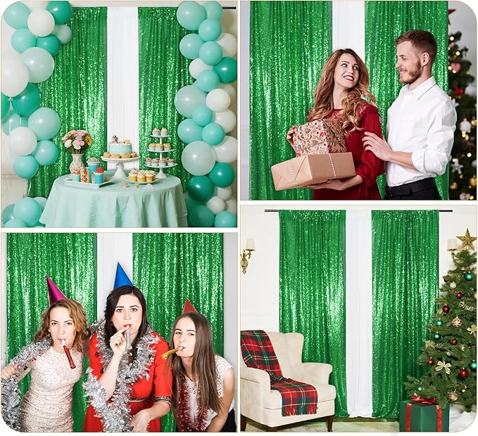 Juya Delight Sequin Backdrop Curtain,2PCS 2FTx8ft Glitter Backdrop Curtain for Party,Birthday,Christmas Wedding Decoration,Green