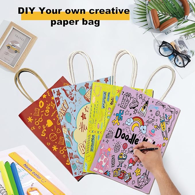 BAG BOX 100 Pack Medium 8.25x4.3x10.6 Inch Red Kraft Paper Gift Bags with Handles for Bulk Shopping, Retail, Craft, Party Favors, Wedding, Grocery & Sacks