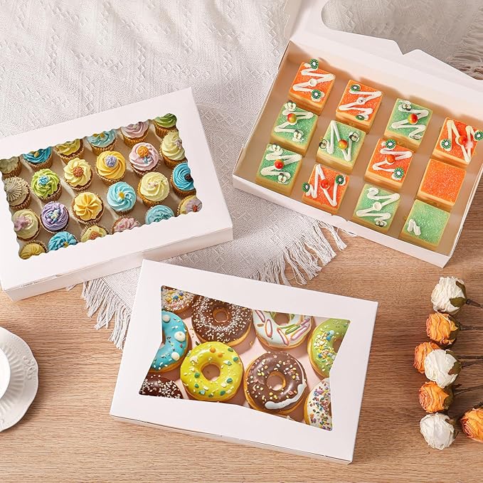 48pcs12x8x2.5 Inches Bakery Boxes,Cookie Boxes with 3Style for Window Bread,Treat，Chocolate,Strawberries,Dessert,Cakes,Donuts,Muffins,pastry