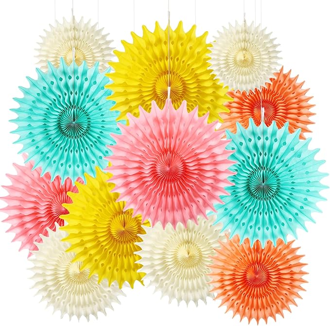 12PCS Paper Fans Colorful Rainbow Pastel Party Decorations Tissue Paper Flowers Decorations for Girl Groovy Birthday Baby Shower Wedding Bachelorette Room Wall Hanging Décor