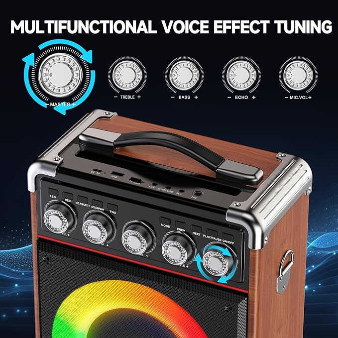 Karaoke Machine for Adults Kids, Bluetooth Speaker with 2 Karaoke Microphones, Bass/Treble Adjustment, Portable PA System with Remote Control/LED Lights for Home Party, Support USB/AUX/REC/TWS