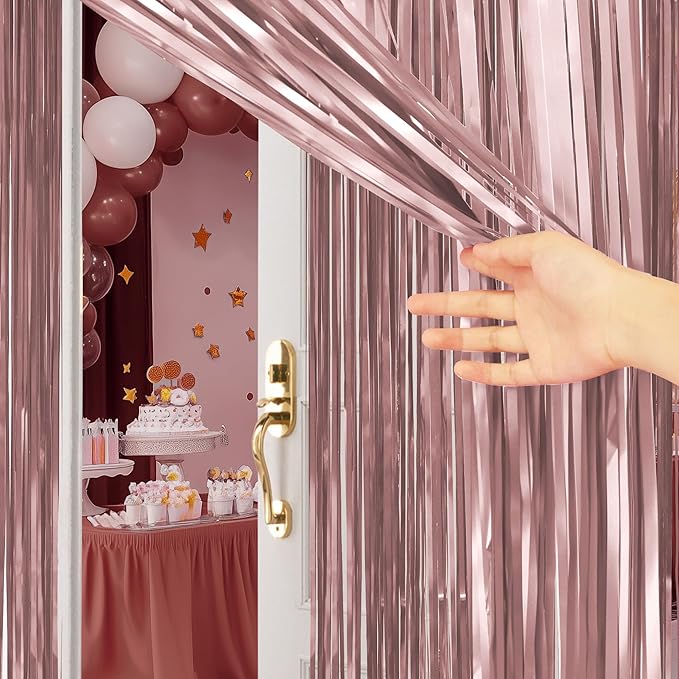 2 Pack Metallic Rose Gold Fringe Backdrop, 3.2x8.2ft Shining Foil Tinsel Curtains, Birthday Party Decorations Door Streamers for Halloween, Christmas, Wedding, Graduation, Holiday, Theme Events