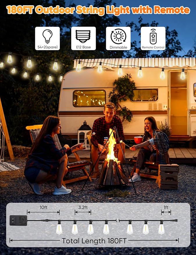 Brightever 180FT LED Outdoor String Lights, Dimmable Patio Lights with Remote Control, 56 Shatterproof ST38 Edison Bulbs, 3 Lighting Modes, 3H/5H Timer, Outdoor Hanging Light for Pool，Fence, Garden