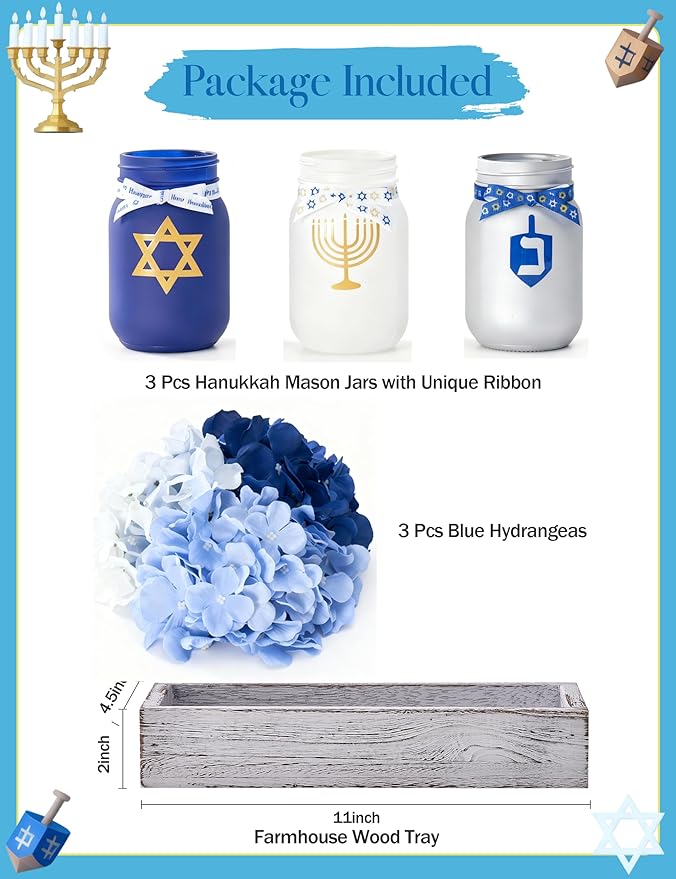 Hanukkah Decorations for Home, Chanukah Table Decor with Mason Jars, Hydrangea, Wood Tray, Hanukkah Gifts Table Centerpieces, 25 Pcs Chanukah Decorations Indoor for Living Room Bedroom