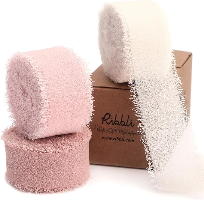 Ribbli Pink Ribbon 1 Inch x 3 Rolls Total 24 Yards Cream/Blush Pink/Rose Gold Handmade Fringe Chiffon Silk Ribbon for Wrapping Wedding Invitations Bridal Bouquets DIY Crafts Home Decor