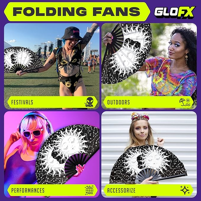 GloFX Rave Sun & Moon - Large Folding Fan - Music Festival Essential, EDM Rave Accessories, Folding Hand Fan, Clack Fan
