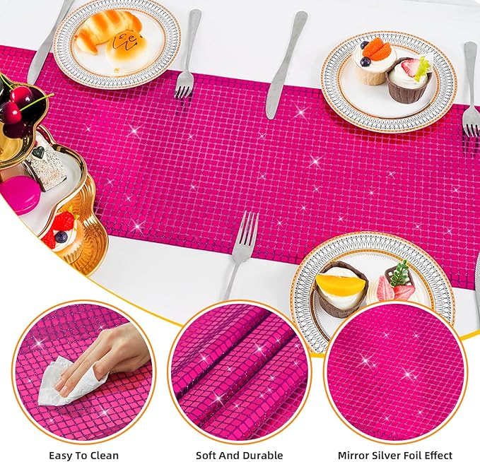SquarePie Disco Table Runner 6 Pack - Hot Pink Mirror Sequin Glitter Foil Runner for Disco Party Decor Retro 70s 80s Theme, Bachelorette Birthday Dance Decoration 12x108 Inch