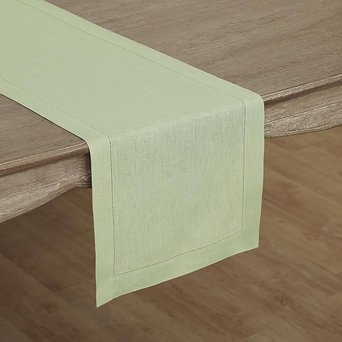 Solino Home Linen Table Runner 60 Inches - 100% Pure Linen Sage Green Hemstitch Table Runner 14 x 60 Inch Ideal for Dresser and Coffee Tables - Fall, Thanksgiving, Christmas - Classic Hemstitch