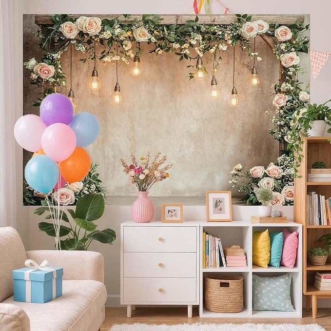 9x6ft Country Wedding Photography Backdrop Floral Rustic Roses Farmhouse Wooden Door Backdrop Pink Flower Birthday Baby Shower Wedding Bridal Party Banner Photo Booth Props Anniversary Background
