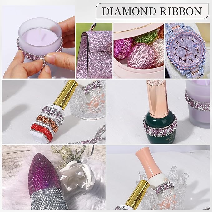 Rhinestone Ribbon 3 Yards Self Adhesive Rhinestone Strips Diamond Ribbon Sticker Crystal Roll Glitter Bling Rhinestones Tape for Crafting DIY Art Decoration (Purple,0.4 Inch)