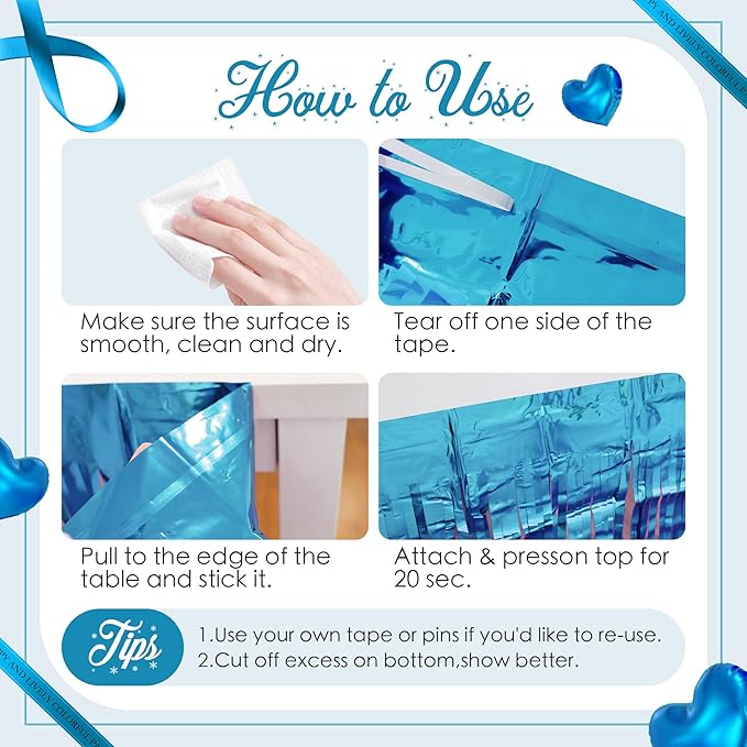 8 Pack Lake Blue Table Skirts, 29x108" Metallic Foil Tinsel Fringe Table Skirts for Rectangle Tables Streamer Curtains Backdrop, Party Decorations for Birthdays Weddings Holidays