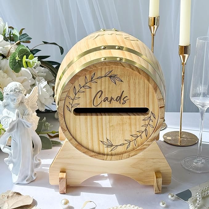 OurWarm Wooden Wedding Card Box for Party with Base, Whiskey Barrel Card Box for Wedding, Rustic Envelopes Gift Money Box Holder for Reception Graduation Baby Shower Birthday Party Decorations