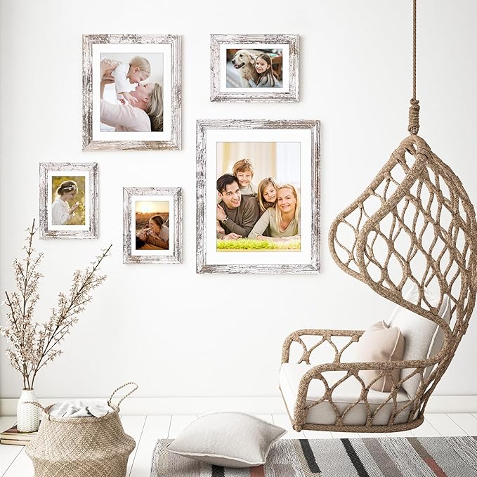 TWING 5x7 Picture Frames Set of 6,Display Pictures 4x6 with Mat or 5x7 Without Mat,Rustic Picture Frames Collage Photo Frame for Tabletop and Wall Mounting,Rustic White,Wave Texture