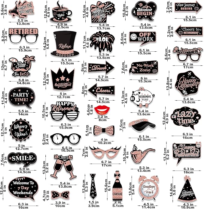 Retirement Party Photo Booth Props Kit - 27pcs Paper Photo Props 1 Frame Glitter Retirement Party Decorations for Retiree Celebration, Farewell Office Party Supplies (Rose Golden and Black)