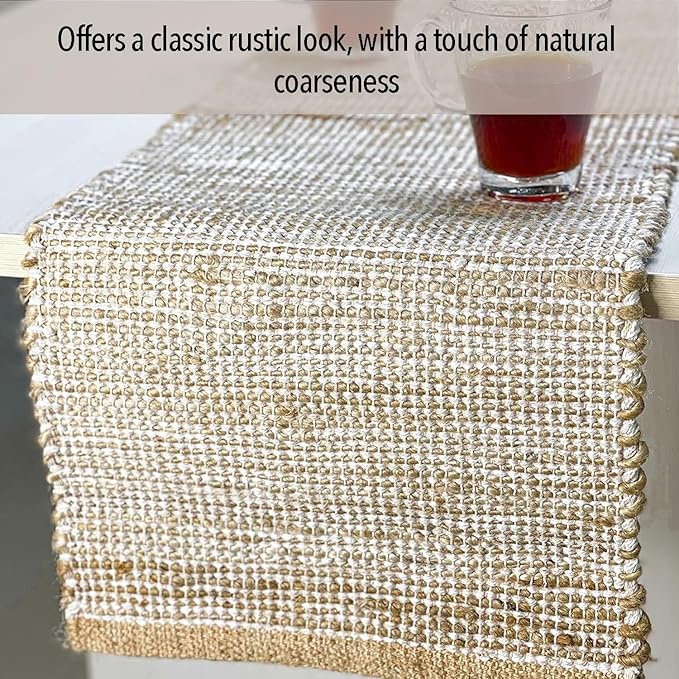 Chardin home Natural Jute Table Runner 13x90 Inch – Vintage Boho Rustic Table Decor – Handwoven Table Runner in Natural Jute and Ivory – Farmhouse Dining or Console Table Accent