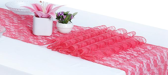 MDS Pack of 25Wedding 12 x 108 inches Lace Table Runner for Wedding, Decorations for Birthday Parties, Banquets, Graduations, Engagements, and Runners fit Rectangle, Round Table- Coral