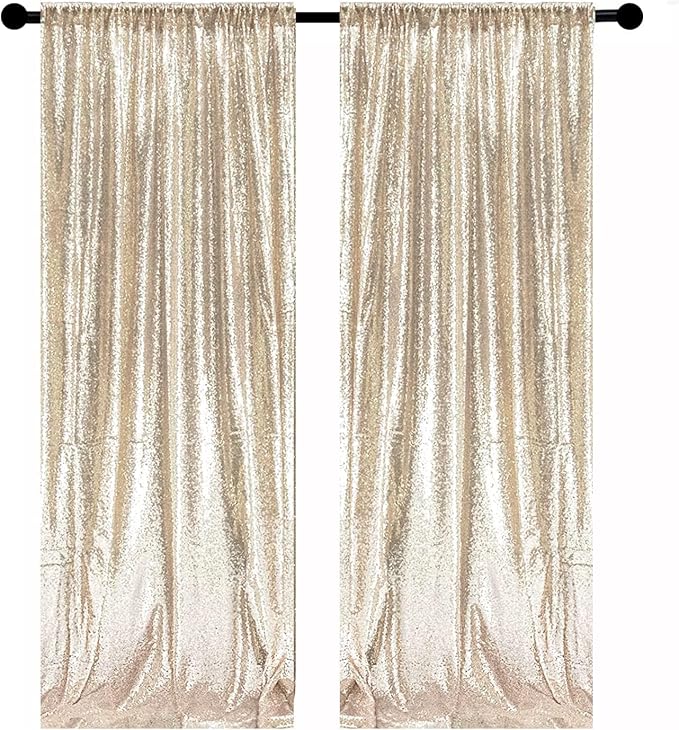 Champagne Sequin Backdrop Curtains 2 Panels 2FTx8FT Glitter Champagne Drapes Photo Backdrop Party Wedding Baby Shower Curtain Sparkle Photography Background