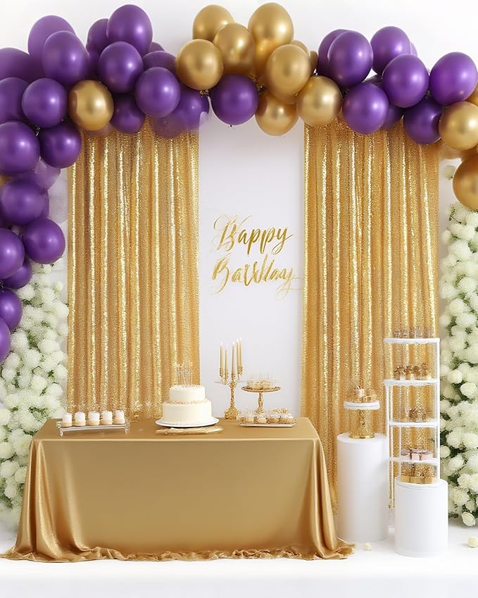 Gold Curtains Backrop for Wedding Parties: 3ftx8ft Gold Sequin Photo Backdrop Drapes for Baby Shower Photography Background - 2 Packs