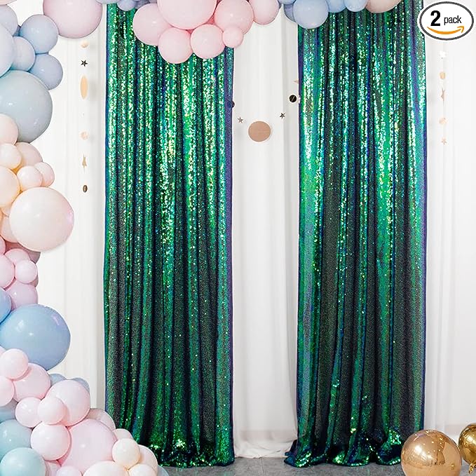 ShinyBeauty Sequin Curtains 2 Panels 2FTx8FT Iridescent Green Photo Booth Backdrop Prom Backgrounds Baby Shower Backdrop Wedding Ceremony Birthday Party Decorations