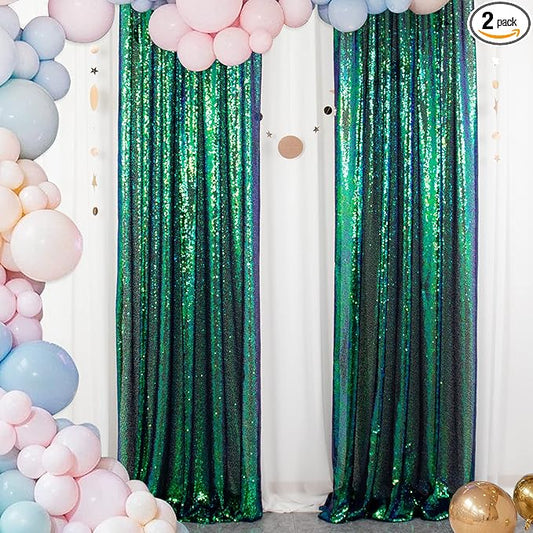 ShinyBeauty Sequin Curtains 2 Panels 2FTx8FT Iridescent Green Photo Booth Backdrop Prom Backgrounds Baby Shower Backdrop Wedding Ceremony Birthday Party Decorations