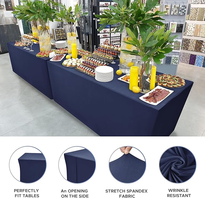 Nasitos Fitted Table Covers Stretch Spandex - 72 x 30 Inch - 2 Pack Navy Rectangle Table Clothes for 6 Foot Folding Tables, Wrinkle Resistant Tablecloths for Parties, Trade Show, Craft Show, Birthday