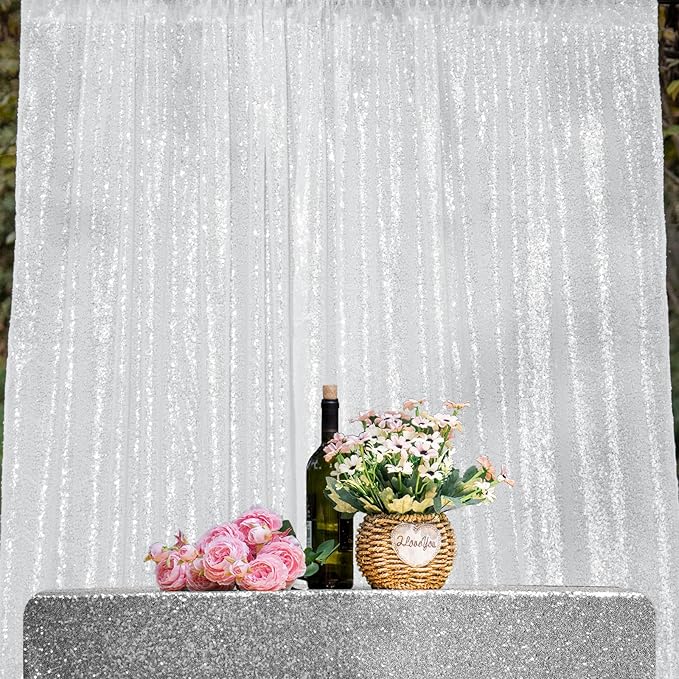 White Sequin Backdrop 2FTx8FT 2 Panels Curtains Party Decoration Glitter for Birthday Wedding Curtain