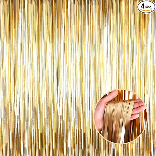 4 Pack Champagne Gold Foil Fringe Curtain Backdrop, 3.28Ft x 8.2Ft Metallic Tinsel Streamer Curtains for Party, Photo Booth Props, Birthday, Graduation Decoration Party Supplies