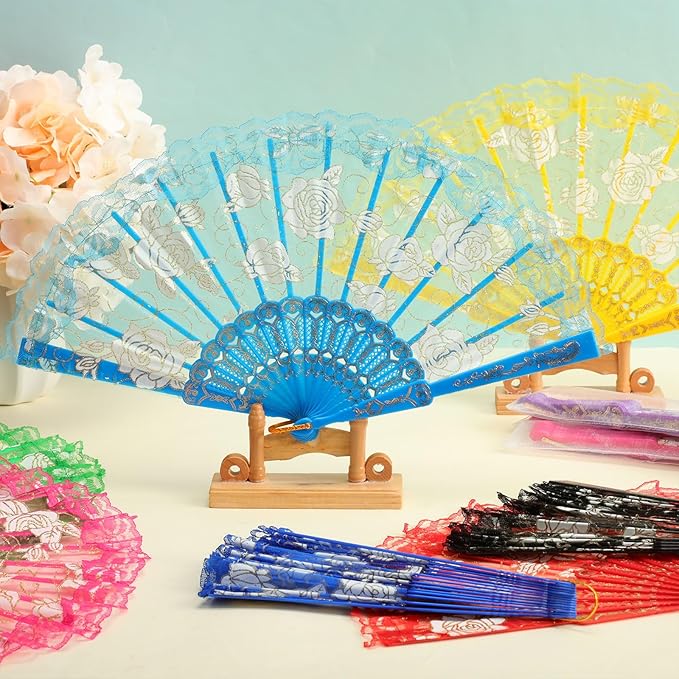 Geetery 30 Pcs Folding Hand Fan for Line Dancing Spanish Boots on the Ground Fans Gifts Bulk Colorful Silk Popping Rave for Women Tea Party Wedding Church Halloween Costume(Lace,Mixed Colors)