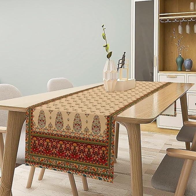 Boho Paisley Table Runner, Vintage Western Brown Dark Red Beige Flowers Leaves Print Table Runner for Kitchen Dining Table Wedding Holiday Party Decor, 13x36inch