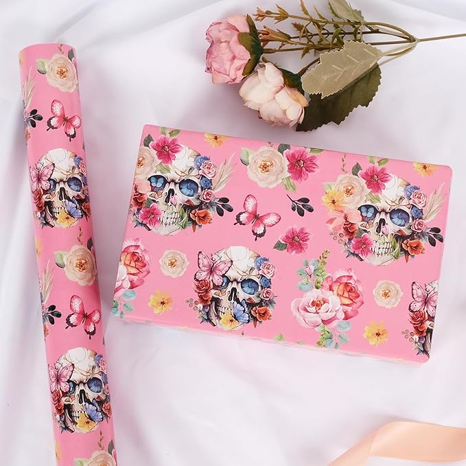 Aimyoo Gothic Wrapping Paper Roll, 17 Inch X 33 Feet Skull Floral Butterfly Design Gift Wrap Paper for Mother's Day, Birthday Bridal Shower