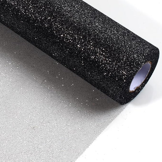 ICOSHOW Sparkling Tulle Rolls, 15” by 30 Yards (90FT) Glitter Tulle Spool Ribbon Fabric for Wedding Birthday Bridal Shower Tutu Skirt Party Gift Wrapping(Black)