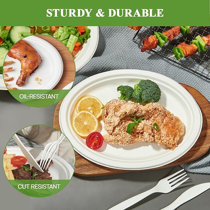 Vplus 300 Pack 100% Compostable Oval Paper Plates 12 inch Super Strong Disposable Paper Plates Bagasse Natural Biodegradable Eco-Friendly Sugarcane for BBQ, Party, Dinner, and Picnic