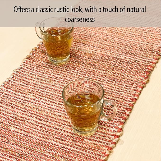 Chardin home Natural Jute Table Runner 13x72 Inch – Vintage Boho Rustic Table Decor – Handwoven Table Runner in Natural Jute and Rust Orange – Farmhouse Dining or Console Table Accent