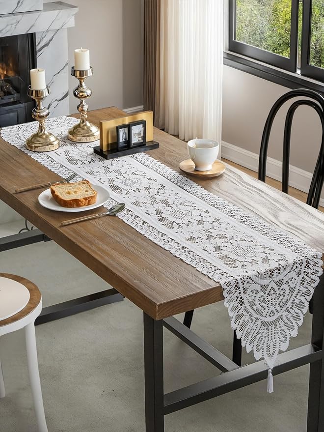 Jayla White Lace Table Runners, Elegant Vintage Lace Table Runner, Wedding Lace Decor with Floral Embroidery,Tea Party Decor, 13x72 Inch