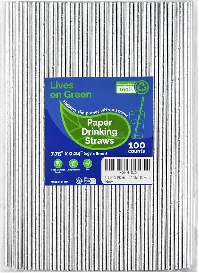 7.75" x 0.24" Silver Disposable Paper Drinking Straws for Cocktails, Party, Wedding, Bars, Restaurants, 100 Counts