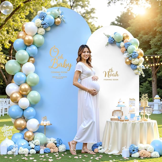 7.2FT 6FT Arch Backdrop Cover for Wedding, Set of 2 Stretchy Spandex Fitted Arch Stand Cover for Baby Shower, Birthday Party Decor, Chiara Backdrop Cover with Double-Sided Design(White, Blue)
