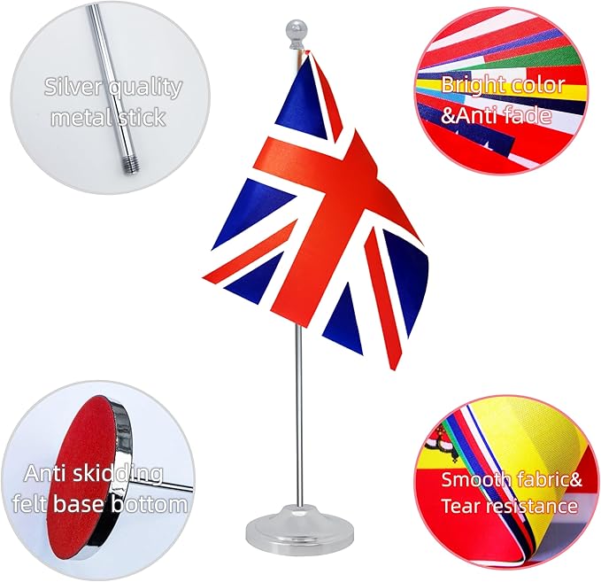 UK Britain Desk Flag, British Table Office Flag with Metal Pole and Stand Base, International Country Flags, Festival Event Celebration, Classroom Meeting Desktop Decor (UK)