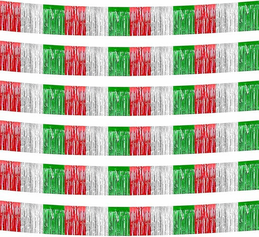 6 Pack 10 Feet Foil Fringe Garland Metallic Tinsel Streamers Banner Wall Hanging Backdrop Banner for Parade Floats, Valentine's Day, Wedding, Birthday, Mardi Gras Party Decorations Red Silver Green