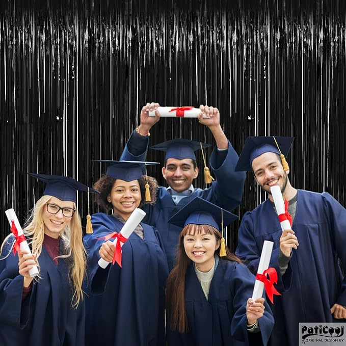 Halloween Decorations Black Streamers - Thicken 4 Pack 3.2 x 8.2 FT - Black Tinsel Foil Fringe Backdrop Curtains, Photo Booth Props for Birthday, Halloween, Retirement, Bachelor Party Decorations