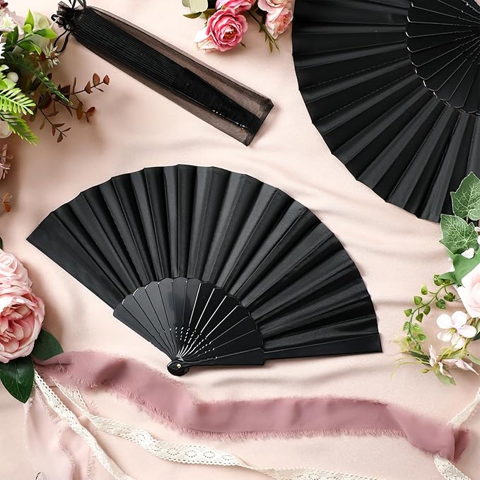 Wenqik 80 Pcs Wedding Folding Hand Fans Bulk Silk Fabric Chinese Handheld Foldable Clack Fans with Plastic Ribs for Party, Wedding Gifts, Line Dancing, Home Decorative (Black)