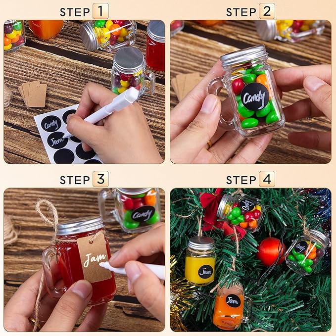 30 Pack Small Mason Jars, 1.5 oz Mini Mason Jar Glasses with Lids & Handles Mini Honey Jars DIY Decorations,Glass Favor Jars for Drink, Dessert, Candle, Craft, 30 Labels and Hemp Rope & Pen