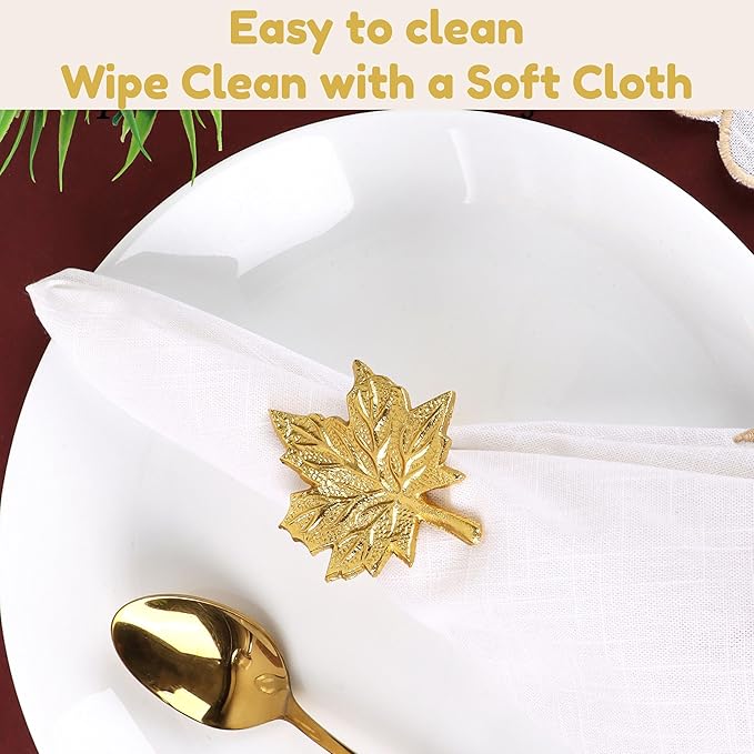 Set of 12 Maple Leaf Napkin Rings - Handcrafted Aluminum Napkin Holders for Cloth & Paper Napkins, Elegant Table Décor for Wedding Receptions Thanksgiving Christmas Holiday Parties (Gold) CLEENTABLE